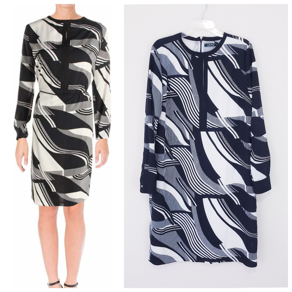 Ralph Lauren Women's Crepe Print Dress Black White Geometric Print Size 14